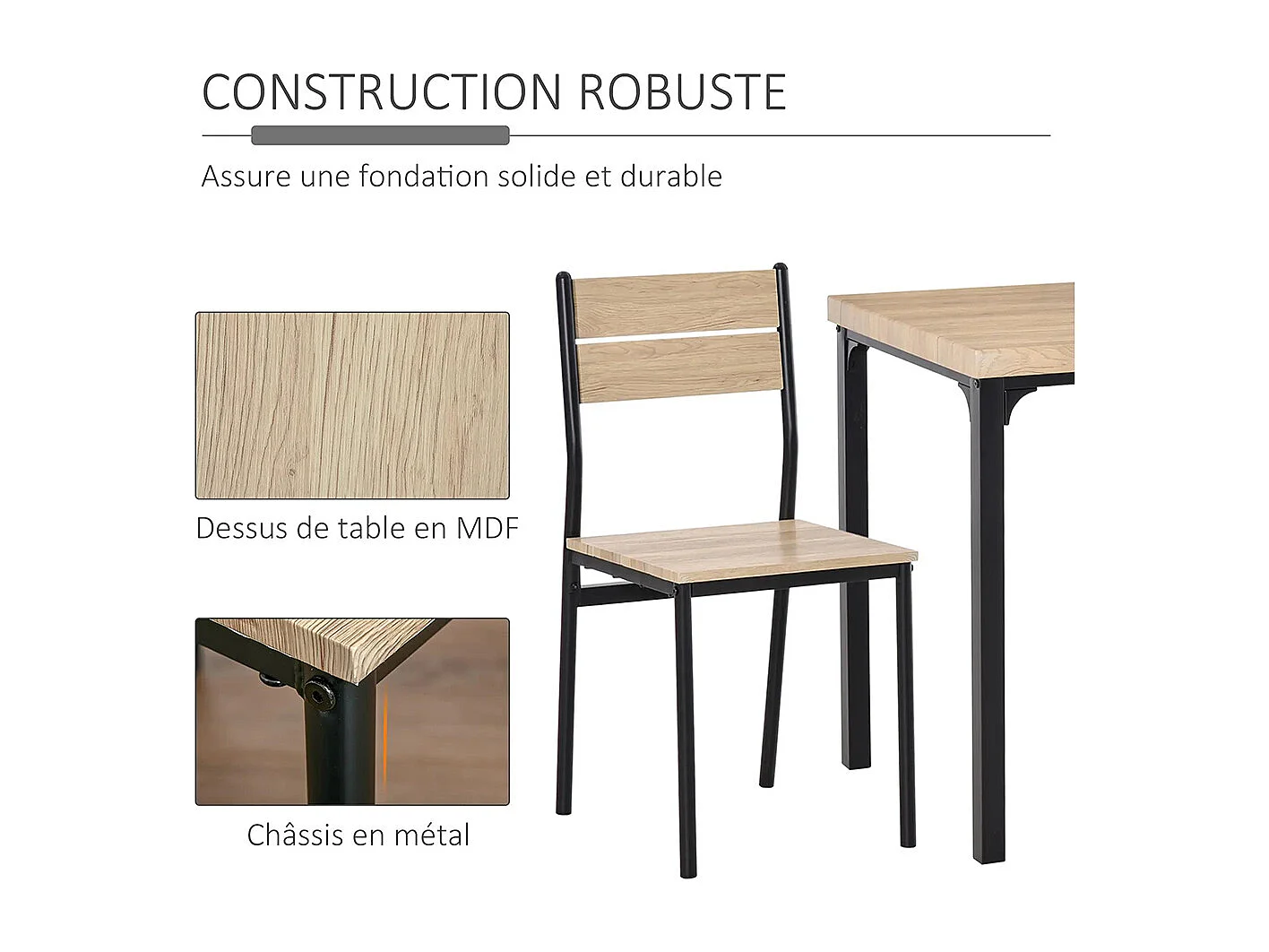 Ensemble de table et chaises pour deux personnes, comprenant une table 3 pièces et deux chaises encastrables, en chêne clair