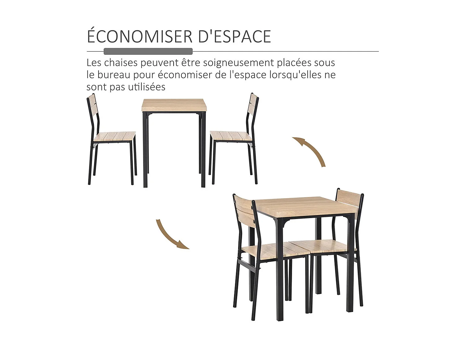 Ensemble de table et chaises pour deux personnes, comprenant une table 3 pièces et deux chaises encastrables, en chêne clair