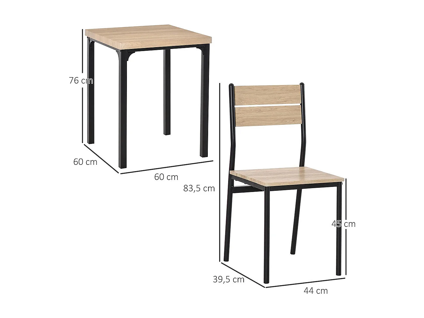 Ensemble de table et chaises pour deux personnes, comprenant une table 3 pièces et deux chaises encastrables, en chêne clair
