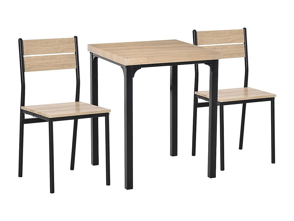 Ensemble de table et chaises pour deux personnes, comprenant une table 3 pièces et deux chaises encastrables, en chêne clair