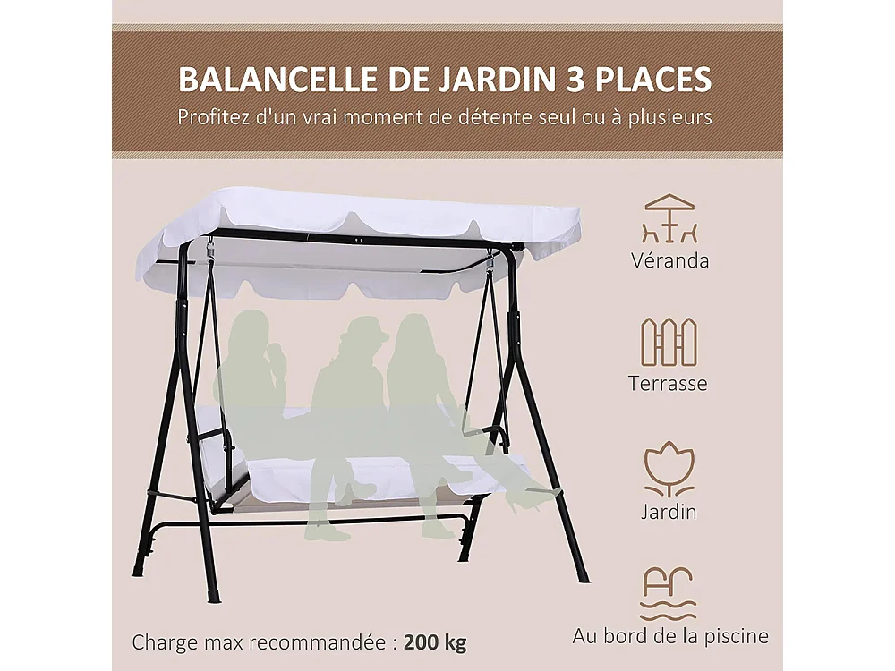 Balancelle de Jardin 3 Places ，Toit Inclinaison réglable Coussins Assise et Dossier， 172L x 110l x 152H m, Acier Noir Polyester，Blanc