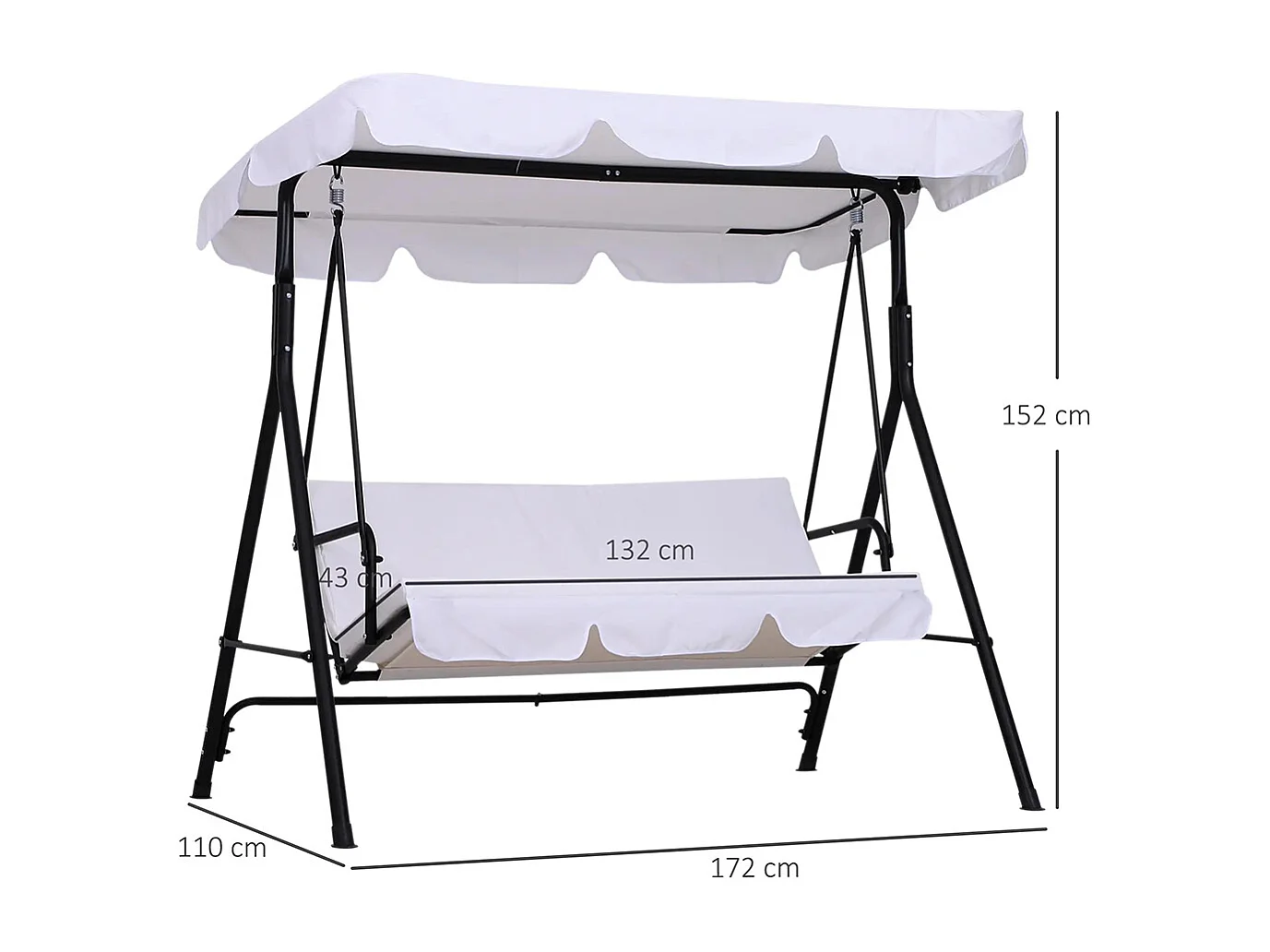 Balancelle de Jardin 3 Places ，Toit Inclinaison réglable Coussins Assise et Dossier， 172L x 110l x 152H m, Acier Noir Polyester，Blanc