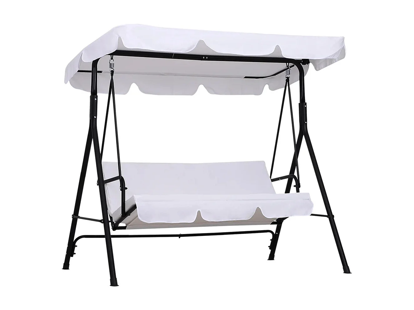 Balancelle de Jardin 3 Places ，Toit Inclinaison réglable Coussins Assise et Dossier， 172L x 110l x 152H m, Acier Noir Polyester，Blanc