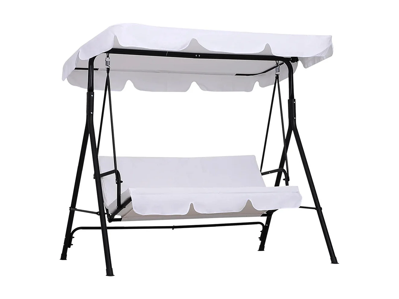 Balancelle de Jardin 3 Places ，Toit Inclinaison réglable Coussins Assise et Dossier， 172L x 110l x 152H m, Acier Noir Polyester，Blanc
