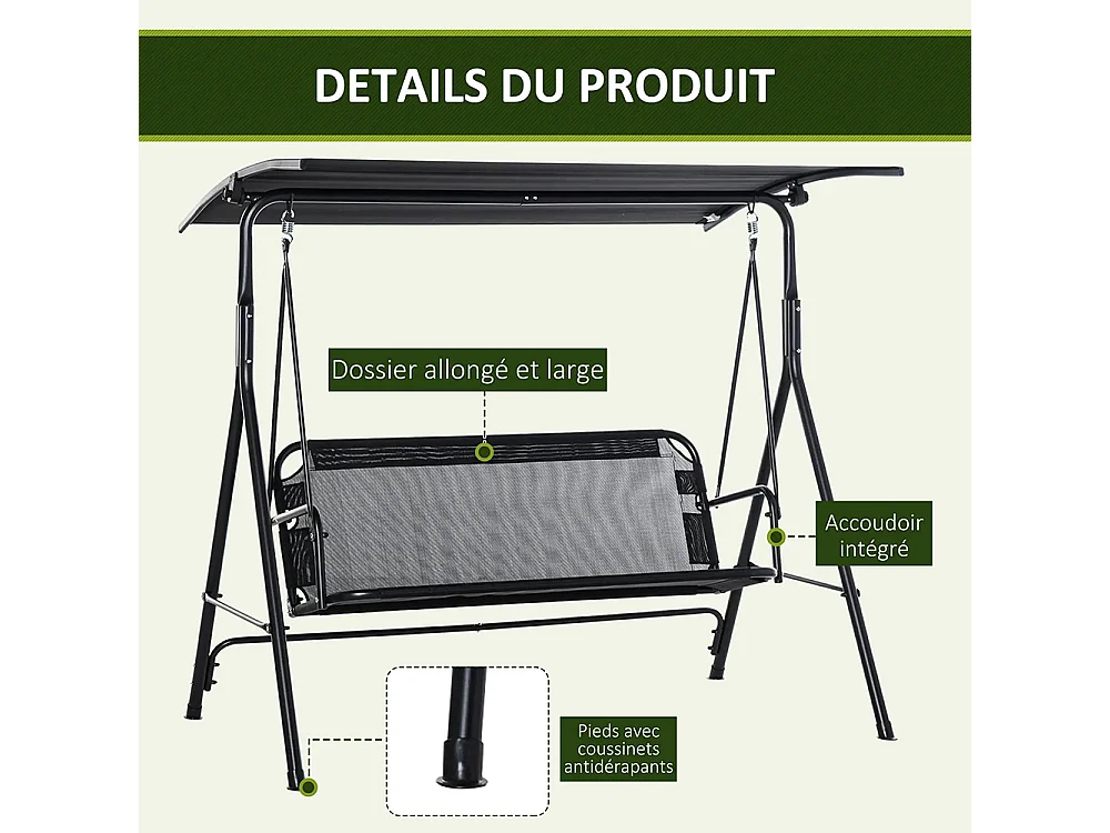Balancelle de jardin 2 places balancelle d'extérieur toit inclinaison réglable structure acier 172 x 110 x 155 cm, noir