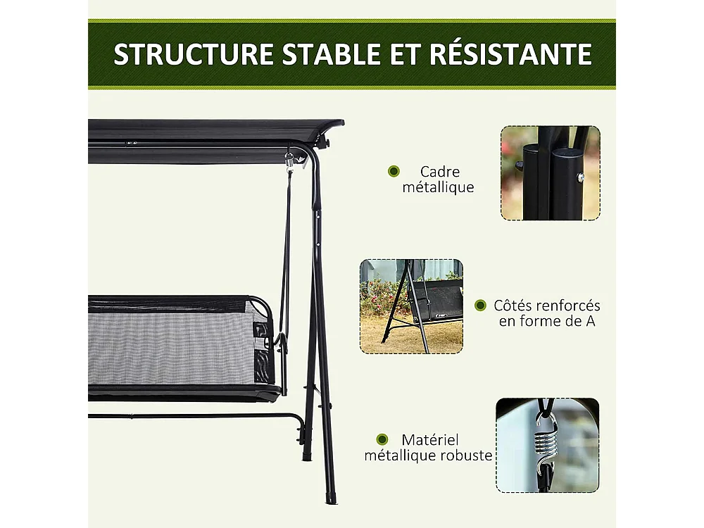 Balancelle de jardin 2 places balancelle d'extérieur toit inclinaison réglable structure acier 172 x 110 x 155 cm, noir