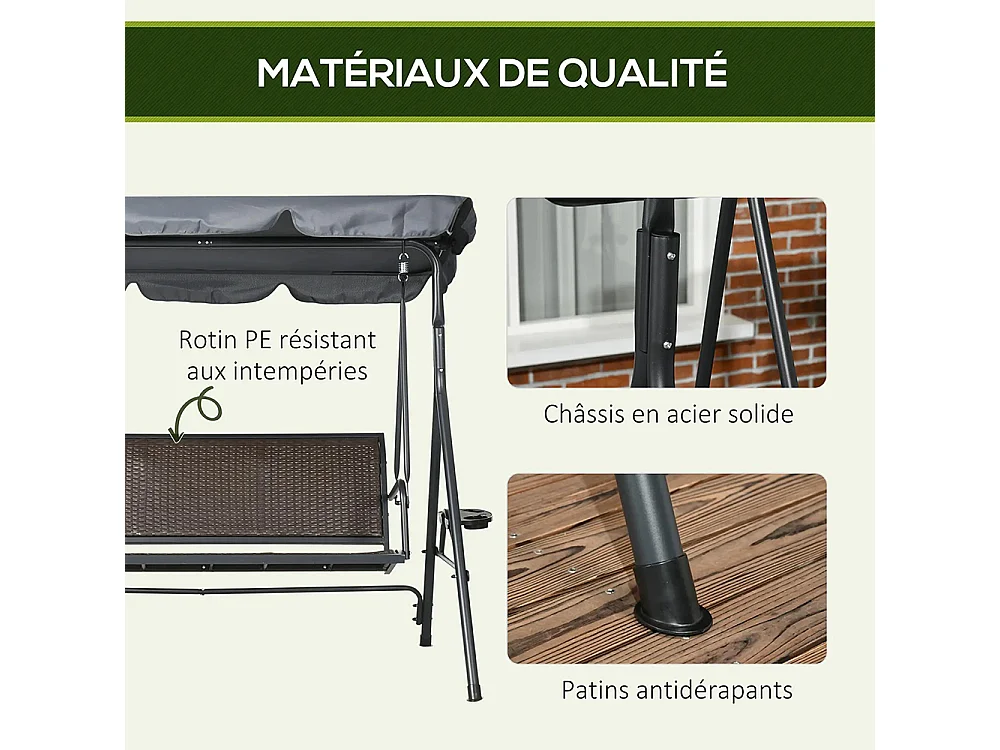 Trois balançoires de jardin avec auvent à inclinaison réglable, équipées d'un porte-gobelet et d'un plateau, et d'un dossier ergonomique.