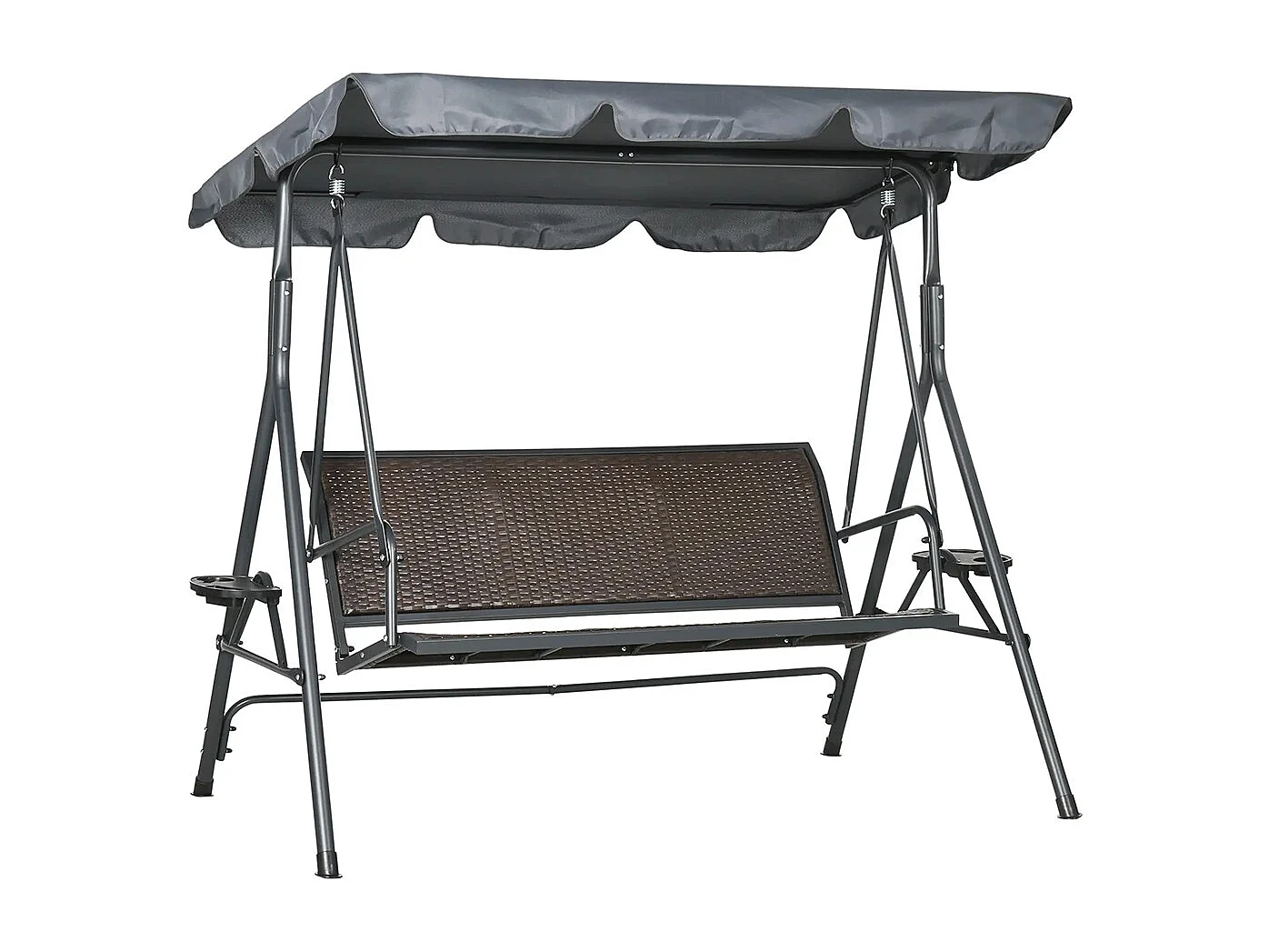 Trois balançoires de jardin avec auvent à inclinaison réglable, équipées d'un porte-gobelet et d'un plateau, et d'un dossier ergonomique.