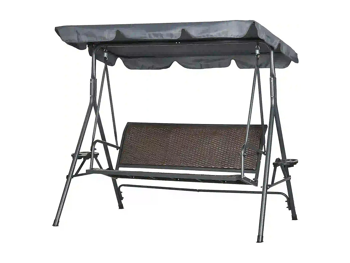 Trois balançoires de jardin avec auvent à inclinaison réglable, équipées d'un porte-gobelet et d'un plateau, et d'un dossier ergonomique.