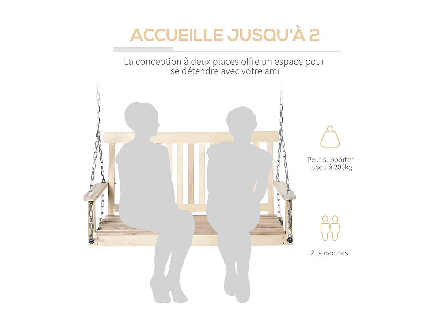 Banc suspendu 2 places balançoire de jardin, dossier et assise à lattes en bois, charge jusqu'à 200 kg, bois naturel