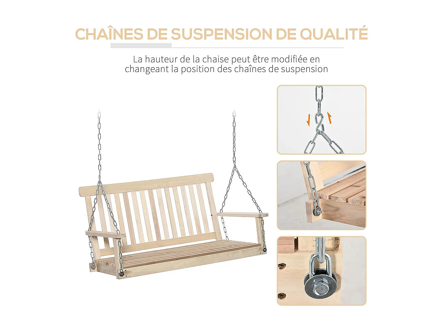 Banc suspendu 2 places balançoire de jardin, dossier et assise à lattes en bois, charge jusqu'à 200 kg, bois naturel