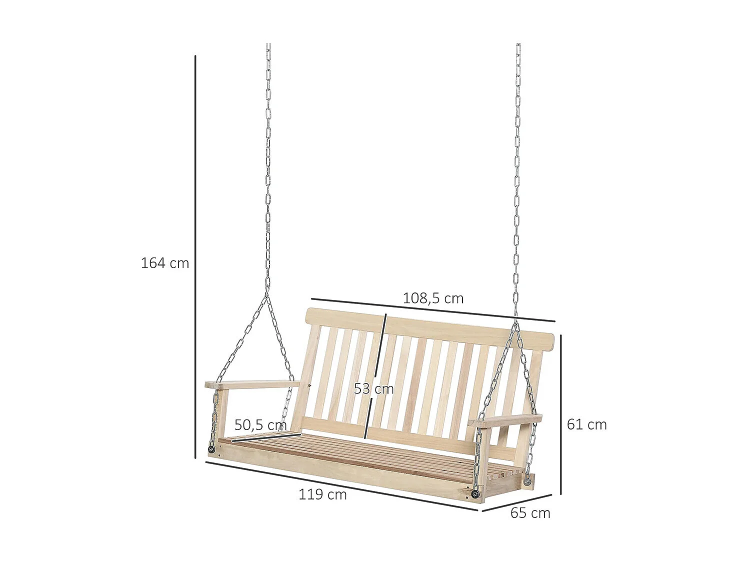 Banc suspendu 2 places balançoire de jardin, dossier et assise à lattes en bois, charge jusqu'à 200 kg, bois naturel