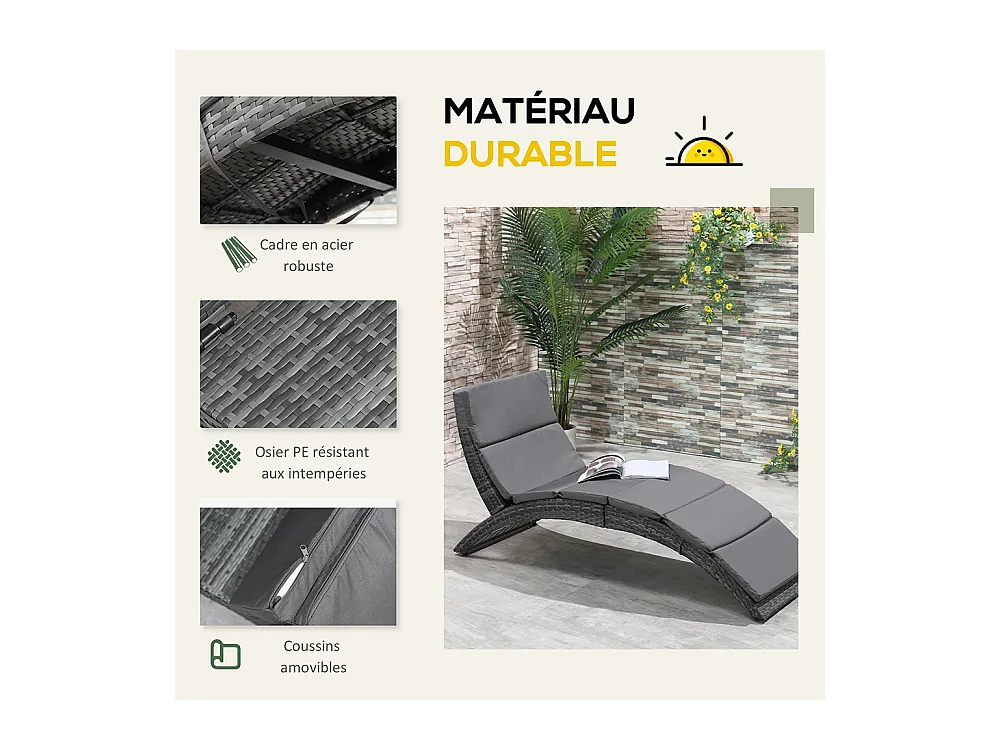 Bain de soleil transat pliable chaise longue d'extérieur avec matelas grand confort en métal et résine tressée - gris