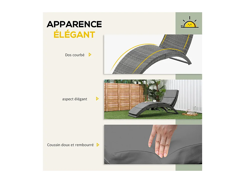 Bain de soleil transat pliable chaise longue d'extérieur avec matelas grand confort en métal et résine tressée - gris