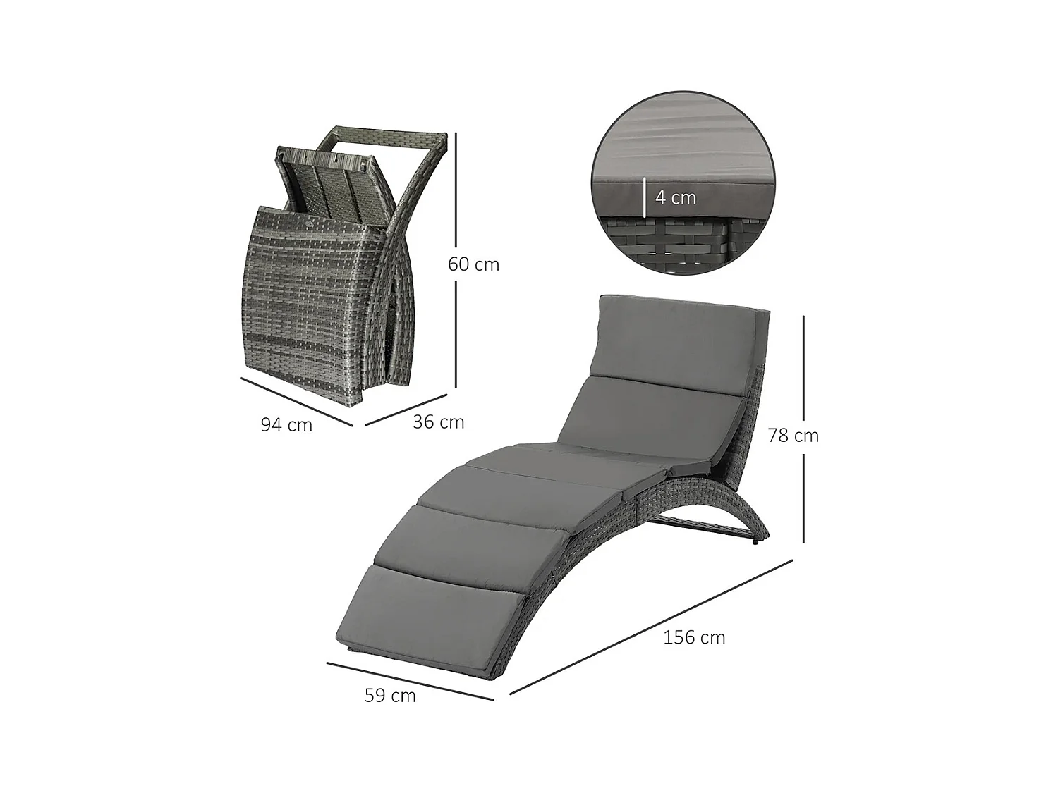Bain de soleil transat pliable chaise longue d'extérieur avec matelas grand confort en métal et résine tressée - gris