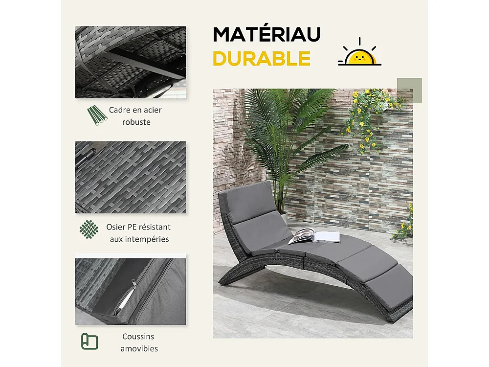 Bain de soleil transat pliable chaise longue d'extérieur avec matelas grand confort en métal et résine tressée - gris