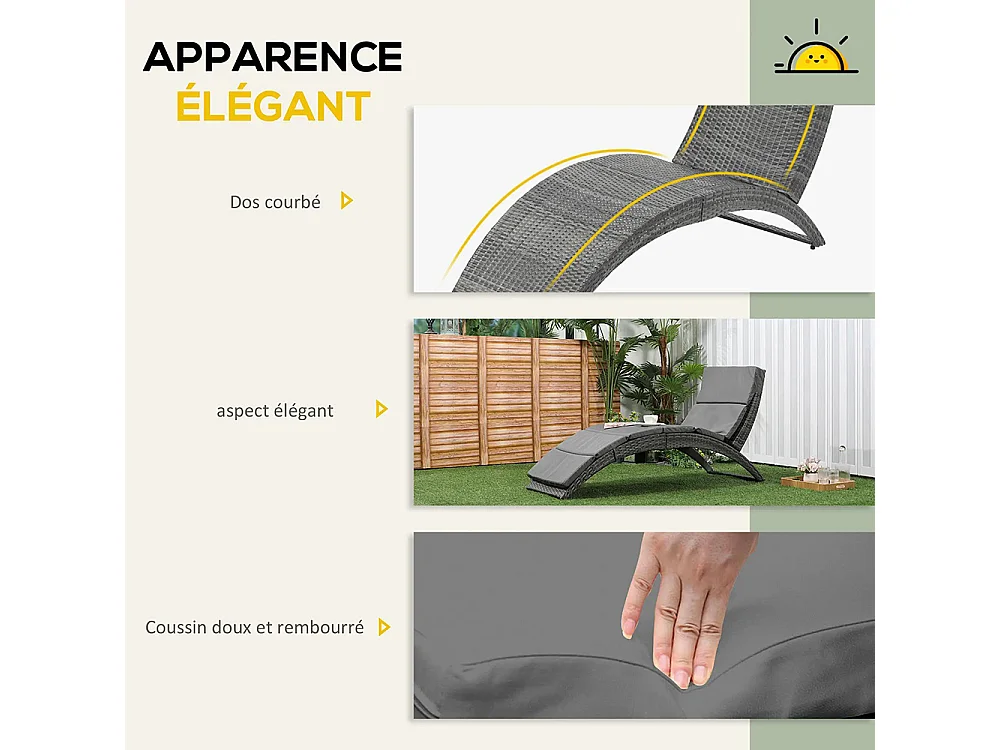 Bain de soleil transat pliable chaise longue d'extérieur avec matelas grand confort en métal et résine tressée - gris