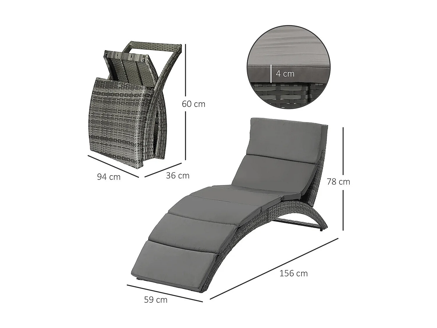 Bain de soleil transat pliable chaise longue d'extérieur avec matelas grand confort en métal et résine tressée - gris