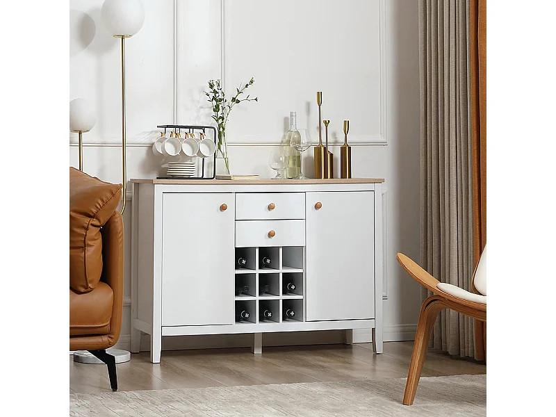 Buffet meuble de rangement avec 2 tiroirs, 2 portes étagères réglables et porte-bouteilles pour 9 bouteilles, blanc