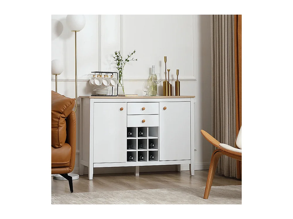 Buffet meuble de rangement avec 2 tiroirs, 2 portes étagères réglables et porte-bouteilles pour 9 bouteilles, blanc