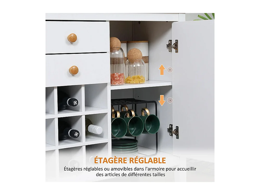 Buffet meuble de rangement avec 2 tiroirs, 2 portes étagères réglables et porte-bouteilles pour 9 bouteilles, blanc