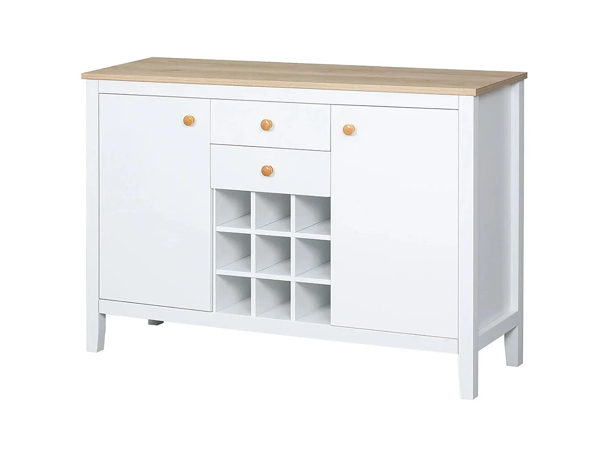 Buffet meuble de rangement avec 2 tiroirs, 2 portes étagères réglables et porte-bouteilles pour 9 bouteilles, blanc