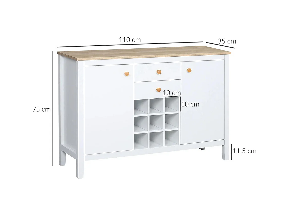 Buffet meuble de rangement avec 2 tiroirs, 2 portes étagères réglables et porte-bouteilles pour 9 bouteilles, blanc