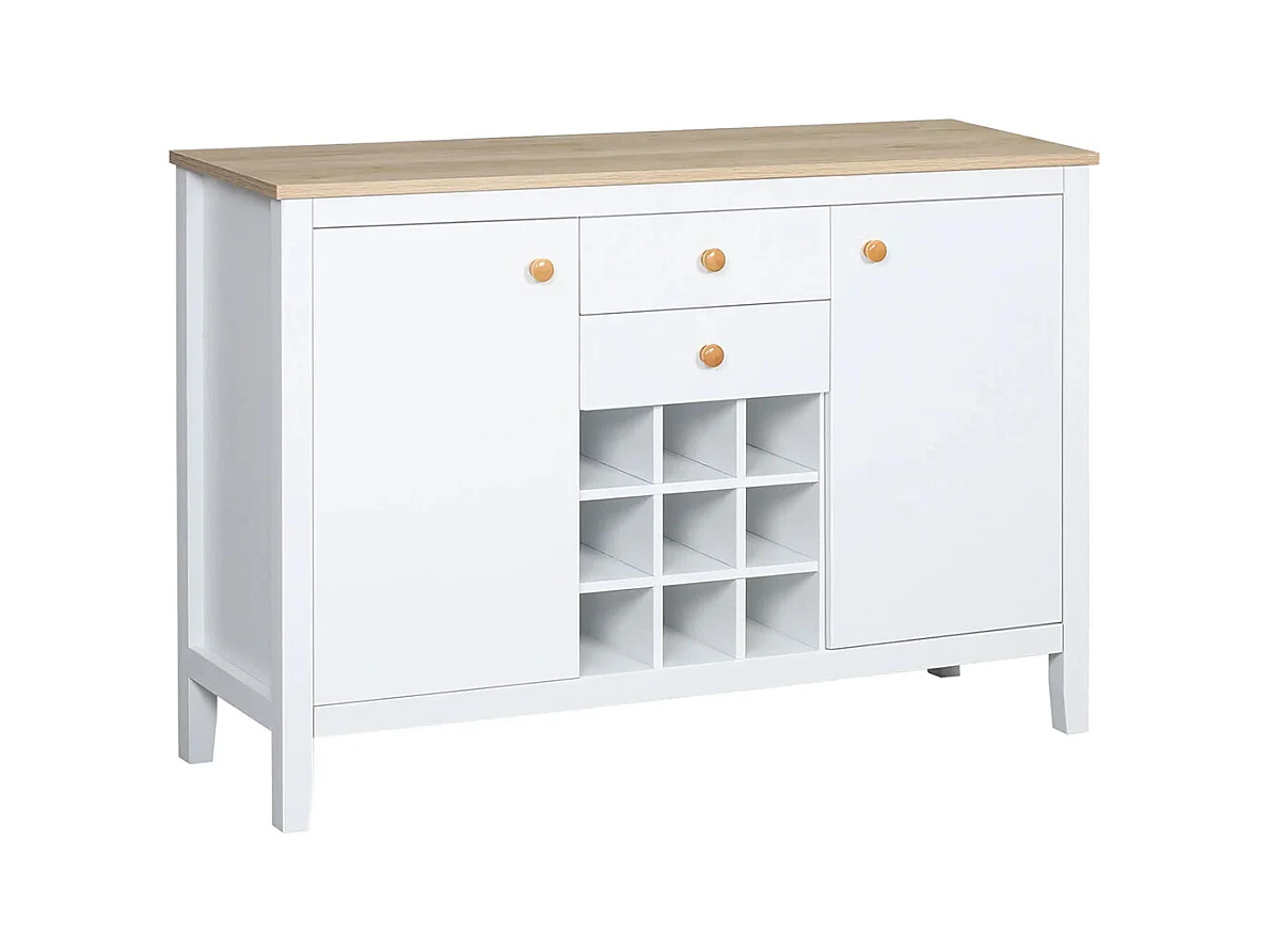 Buffet meuble de rangement avec 2 tiroirs, 2 portes étagères réglables et porte-bouteilles pour 9 bouteilles, blanc