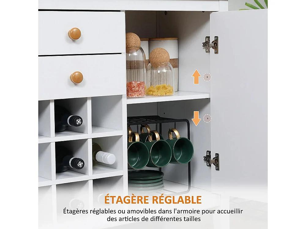 Buffet meuble de rangement avec 2 tiroirs, 2 portes étagères réglables et porte-bouteilles pour 9 bouteilles, blanc