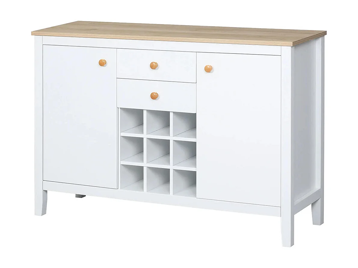 Buffet meuble de rangement avec 2 tiroirs, 2 portes étagères réglables et porte-bouteilles pour 9 bouteilles, blanc