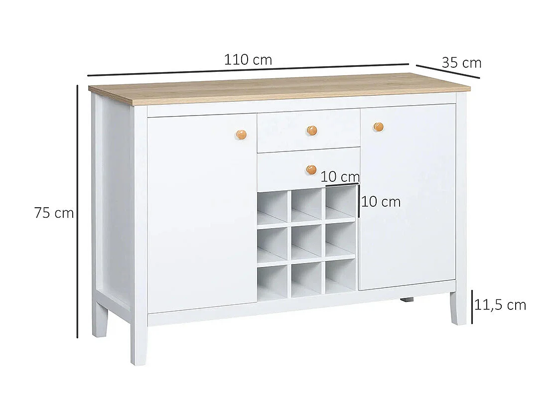 Buffet meuble de rangement avec 2 tiroirs, 2 portes étagères réglables et porte-bouteilles pour 9 bouteilles, blanc