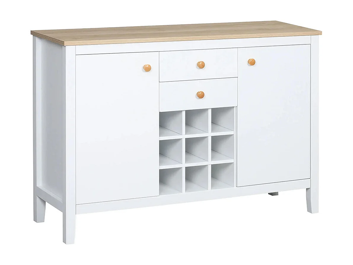 Buffet meuble de rangement avec 2 tiroirs, 2 portes étagères réglables et porte-bouteilles pour 9 bouteilles, blanc