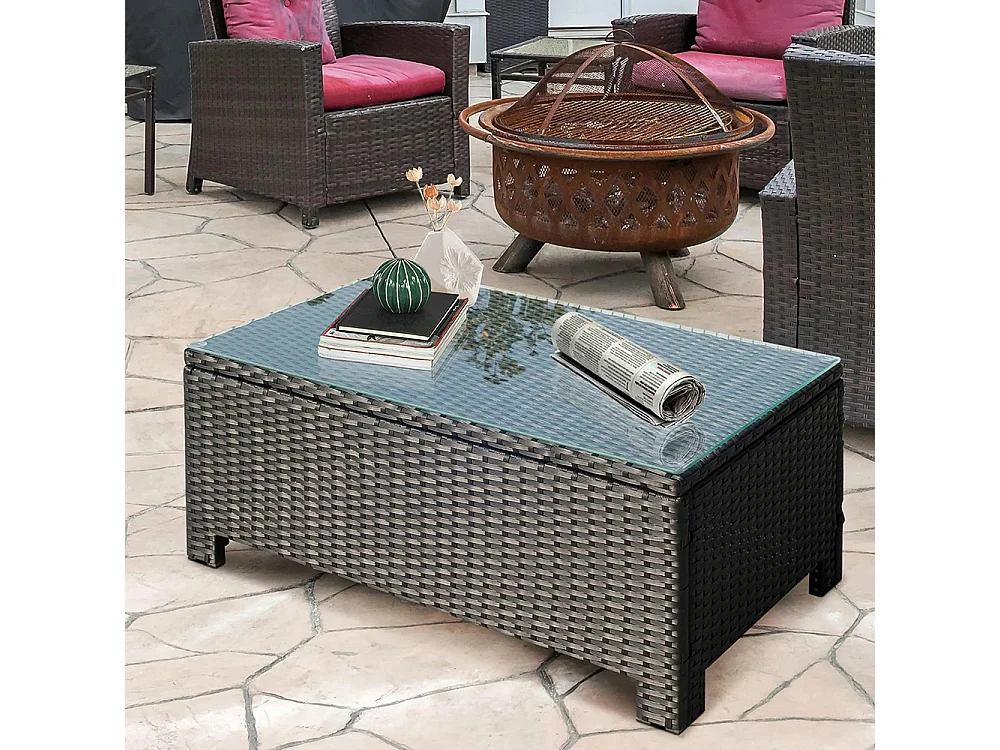 Table Basse de Jardin Plateau Verre trempé 5 mm rotin tressé ，85 x 50 x 39cm， Max. 50 kg ，Noir