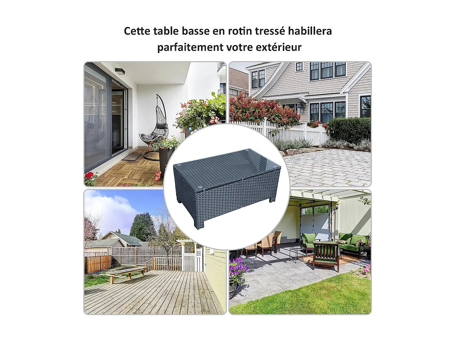 Table Basse de Jardin Plateau Verre trempé 5 mm rotin tressé ，85 x 50 x 39cm， Max. 50 kg ，Noir