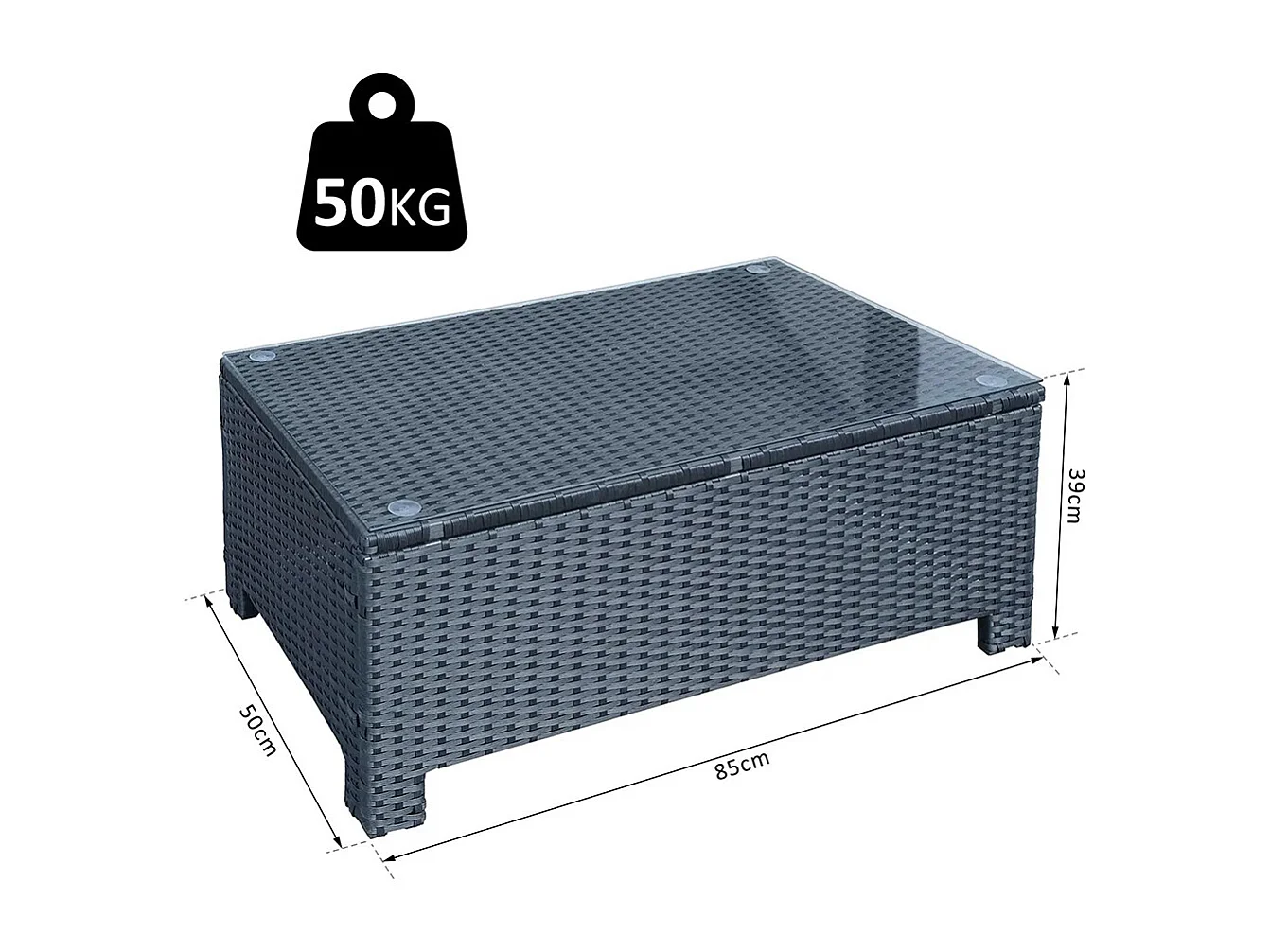 Table Basse de Jardin Plateau Verre trempé 5 mm rotin tressé ，85 x 50 x 39cm， Max. 50 kg ，Noir