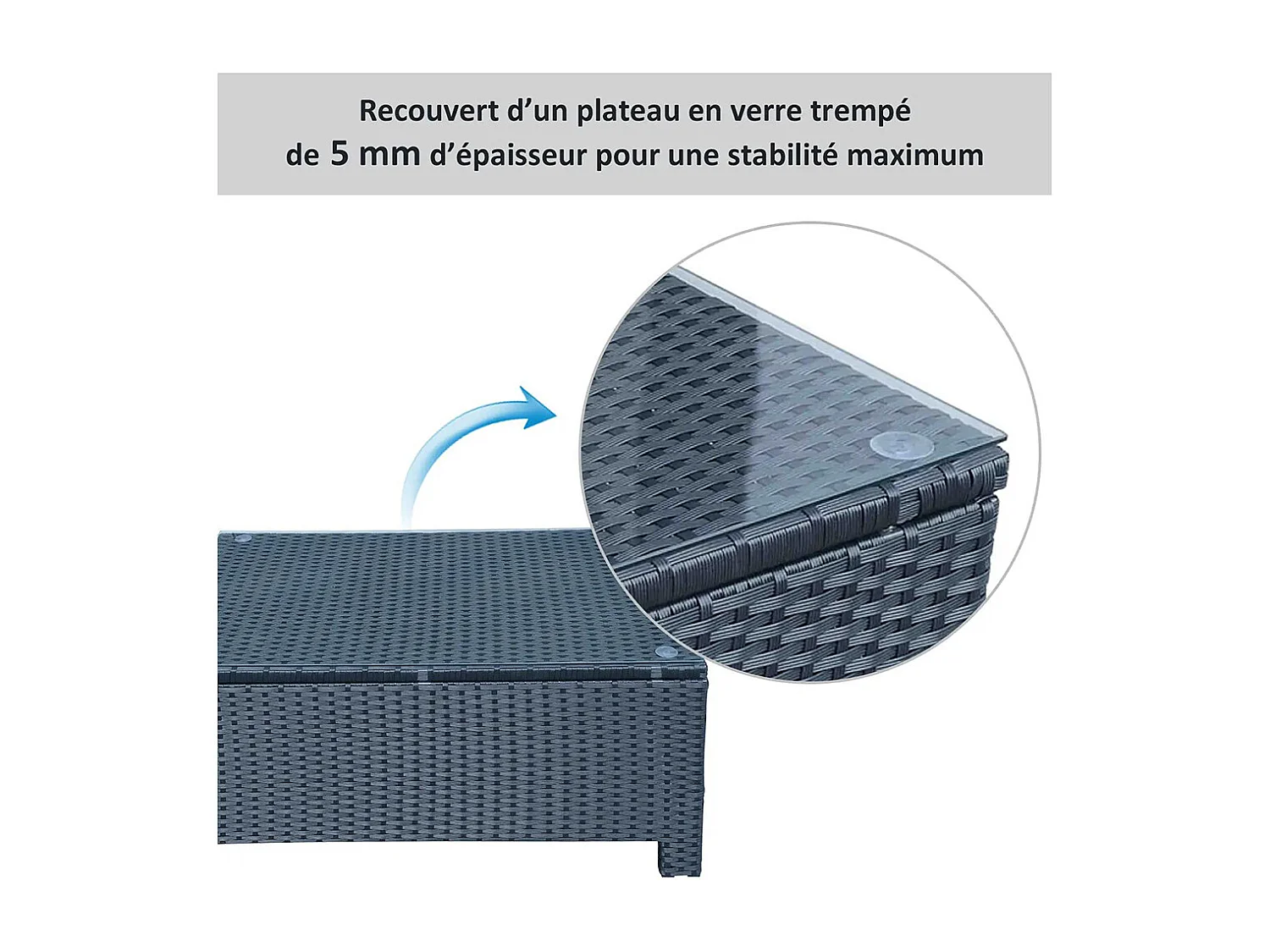 Table Basse de Jardin Plateau Verre trempé 5 mm rotin tressé ，85 x 50 x 39cm， Max. 50 kg ，Noir