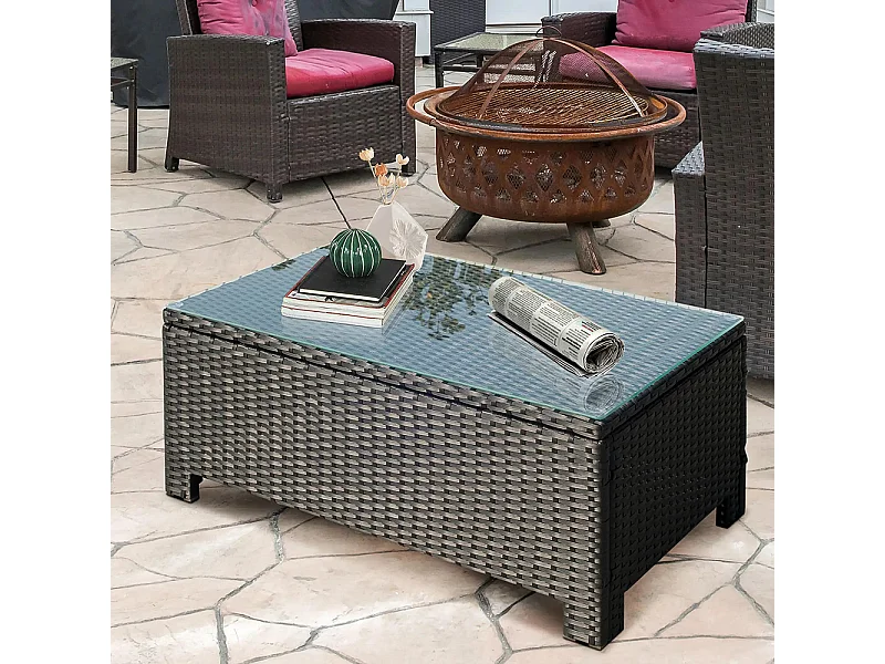 Table Basse de Jardin Plateau Verre trempé 5 mm rotin tressé ，85 x 50 x 39cm， Max. 50 kg ，Noir