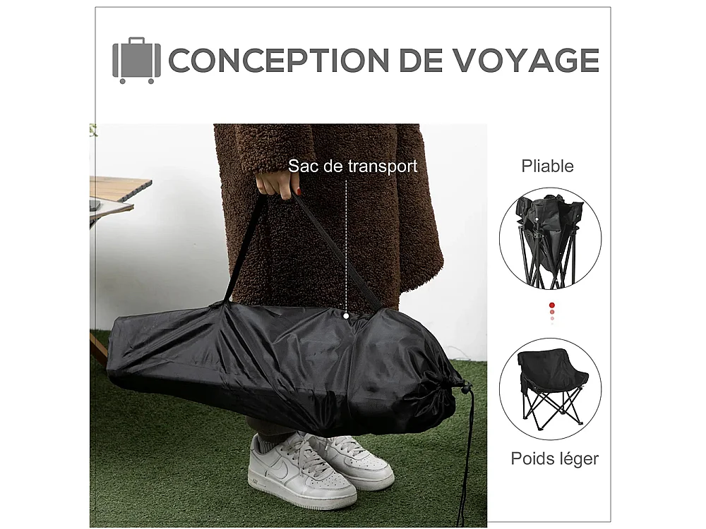 Chaise de camping pliable avec sac de transport et pochette latérale compact ultra légère noir