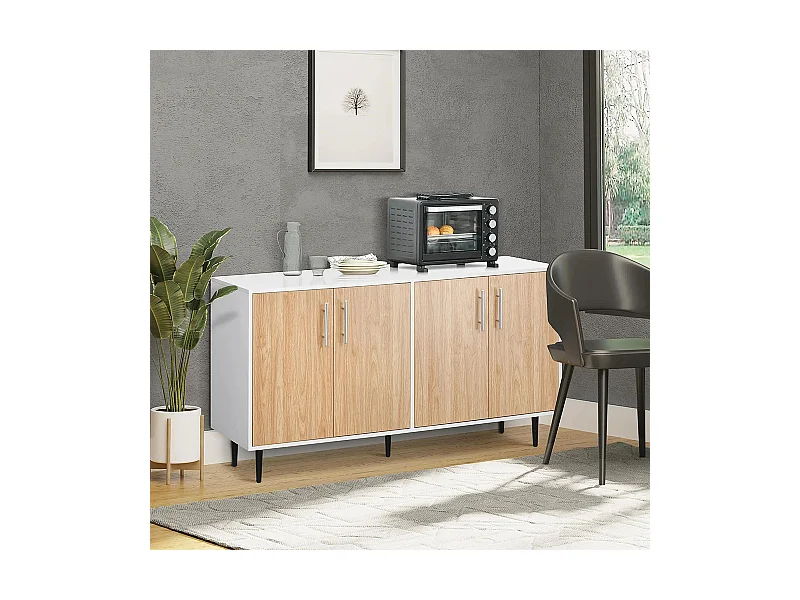 Buffet en bois avec placard 2 portes, meuble de rangement étagères réglables, pour salle à manger, salon, cuisine, entrée, blanc chêne clair