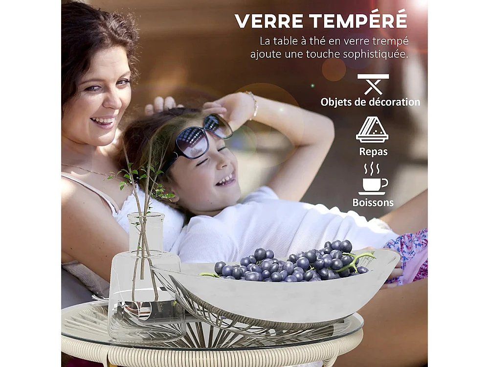 Table basse ronde de jardin en résine aspect rotin métal et plateau verre trempé Ø 50 x 50 cm， crème