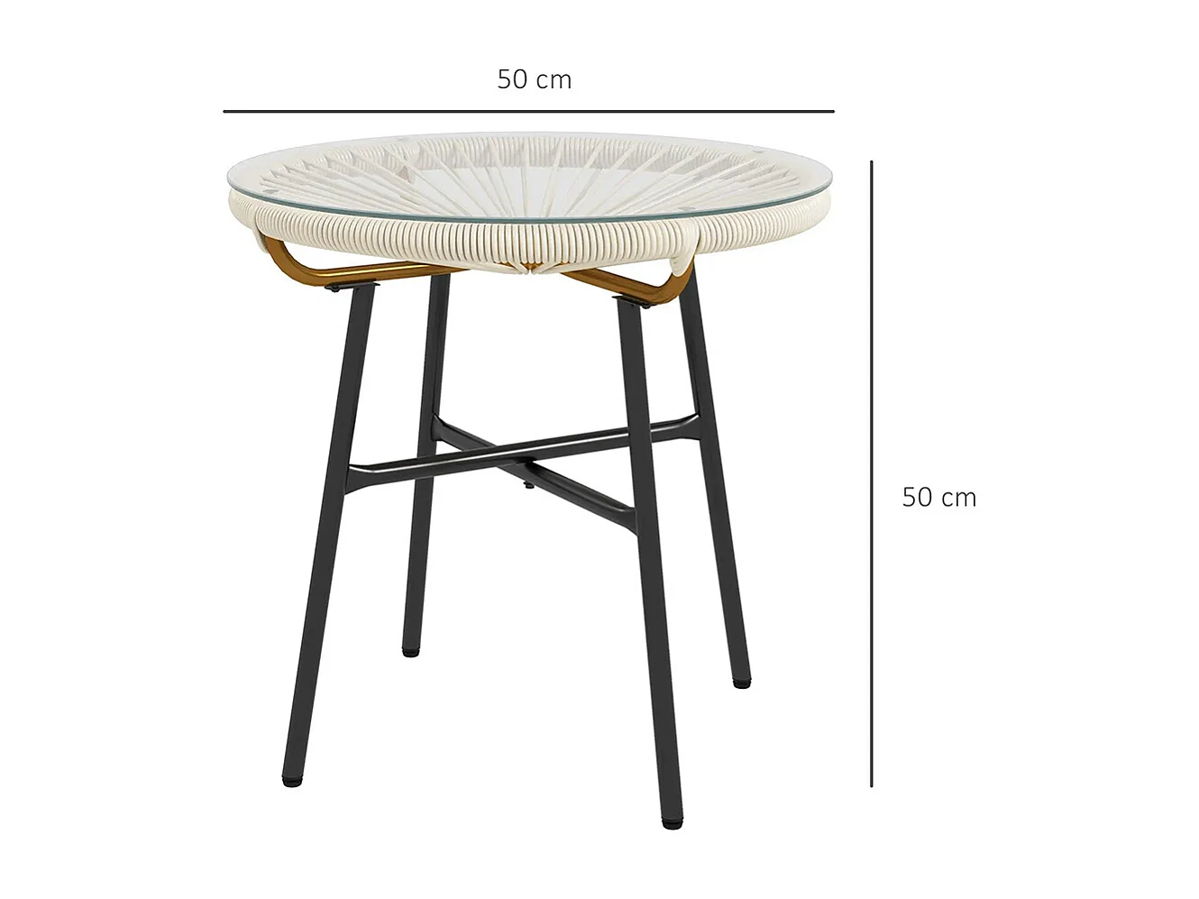 Table basse ronde de jardin en résine aspect rotin métal et plateau verre trempé Ø 50 x 50 cm， crème