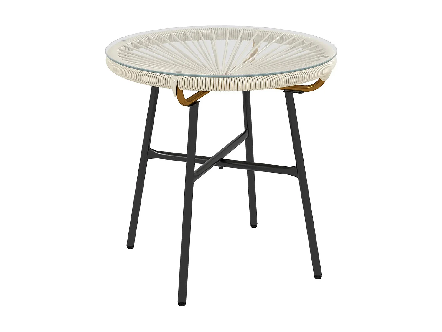 Table basse ronde de jardin en résine aspect rotin métal et plateau verre trempé Ø 50 x 50 cm， crème