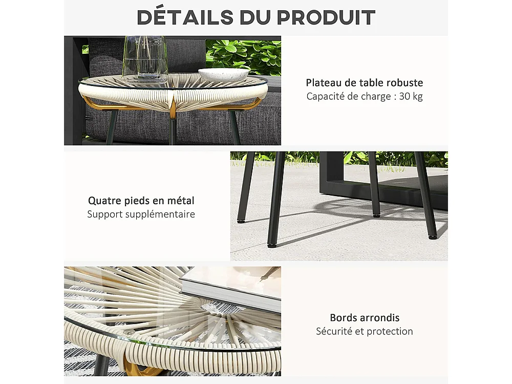 Table basse ronde de jardin en résine aspect rotin métal et plateau verre trempé Ø 50 x 50 cm， crème