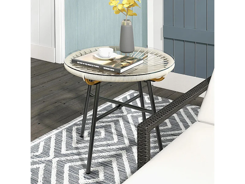 Table basse ronde de jardin en résine aspect rotin métal et plateau verre trempé Ø 50 x 50 cm， crème