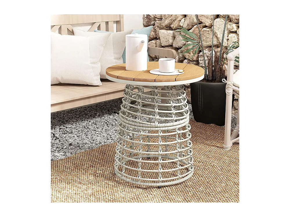 Table basse de jardin table d'appoint extérieur ronde en résine aspect rotin acier et plateau composite Ø45 x 50 cm， gris