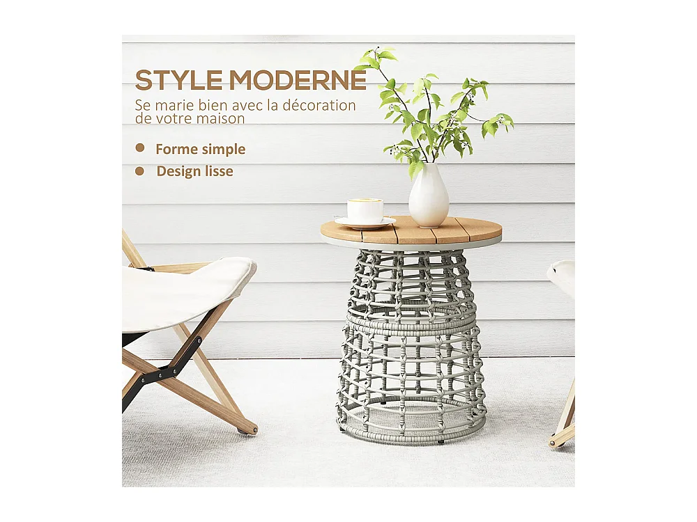 Table basse de jardin table d'appoint extérieur ronde en résine aspect rotin acier et plateau composite Ø45 x 50 cm， gris