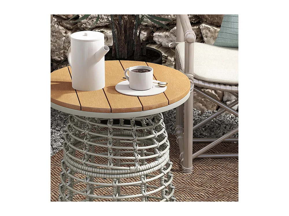 Table basse de jardin table d'appoint extérieur ronde en résine aspect rotin acier et plateau composite Ø45 x 50 cm， gris