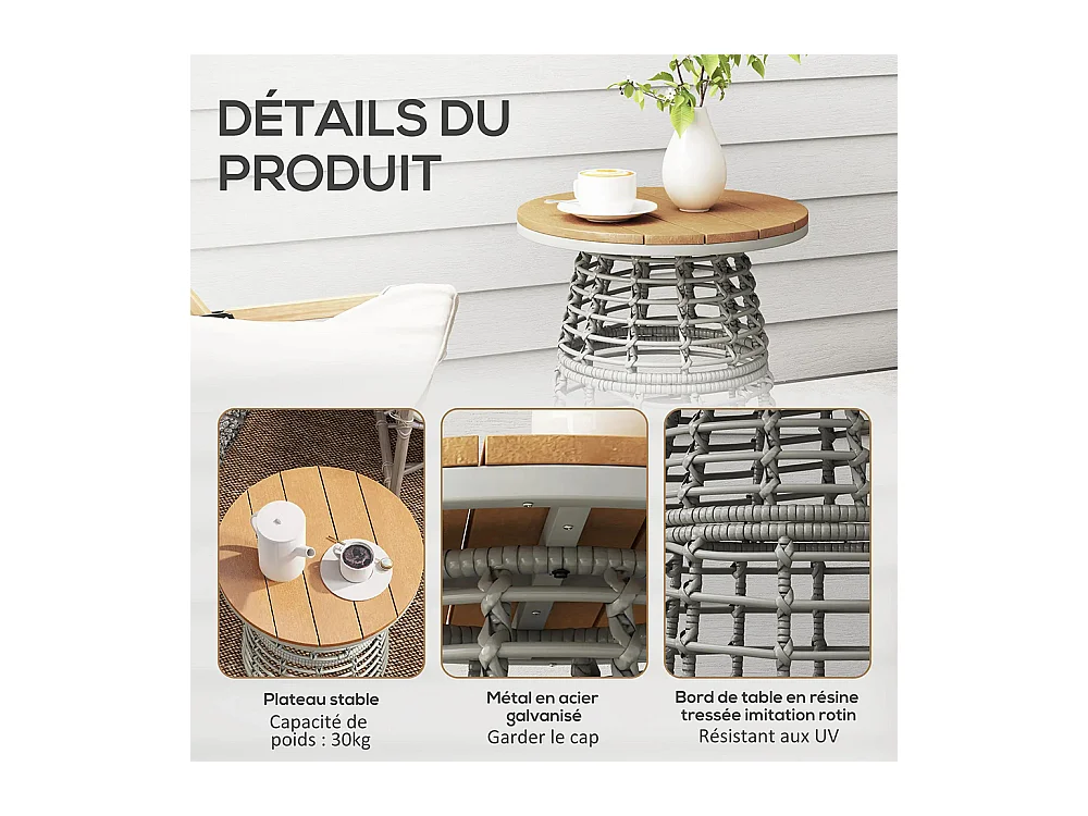 Table basse de jardin table d'appoint extérieur ronde en résine aspect rotin acier et plateau composite Ø45 x 50 cm， gris