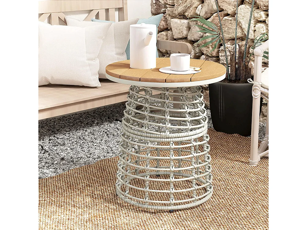 Table basse de jardin table d'appoint extérieur ronde en résine aspect rotin acier et plateau composite Ø45 x 50 cm， gris