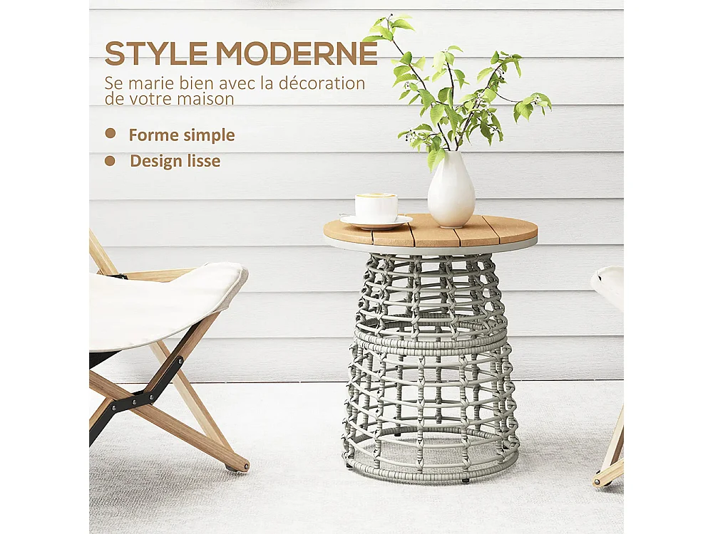 Table basse de jardin table d'appoint extérieur ronde en résine aspect rotin acier et plateau composite Ø45 x 50 cm， gris